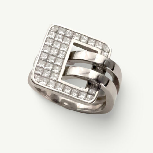 Diamond Buckle Ring in 18K white gold pavé-set with diamonds by Claris-A