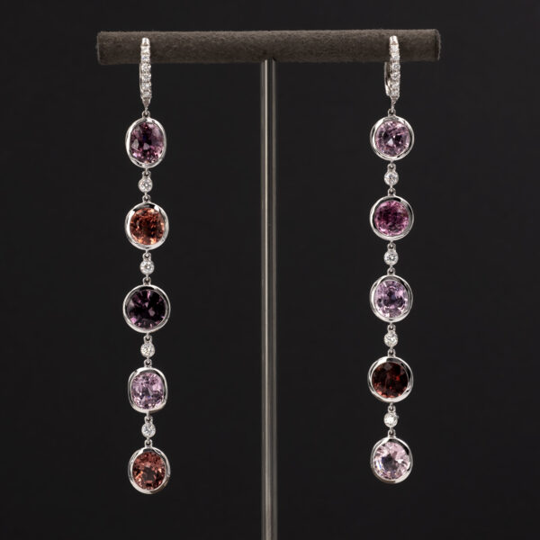 spinels-diamonds-earrings-18k-white-gold.jpg Spinels and Diamonds Earrings in 18K White Gold, six spinels, 0.35 ct diamonds, fluid vertical design.