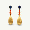 lapis-lazuli-coral-earrings-claris-a.jpg Lapis lazuli and coral earrings in 18K yellow gold with pear-shaped lapis, coral beads, and a satin-finished sculptural gold drop by Claris-A.