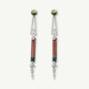 Cover_ClarisA_Watermelon_Tourmaline White gold earrings with vertically set green-to-pink bicolor tourmalines framed by diamonds and suspended from chain links.