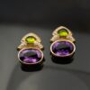 Amethyst, peridot, and diamond earrings in 18K yellow gold with oval-cut amethysts, cabochon peridots, and pavé-set diamonds in refined Italian design by Claris-A.