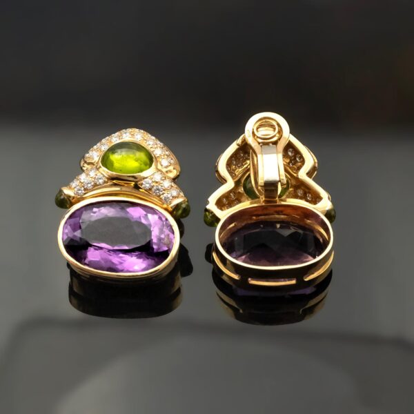 Amethyst, peridot, and diamond earrings in 18K yellow gold with oval-cut amethysts, cabochon peridots, and pavé-set diamonds in refined Italian design by Claris-A.