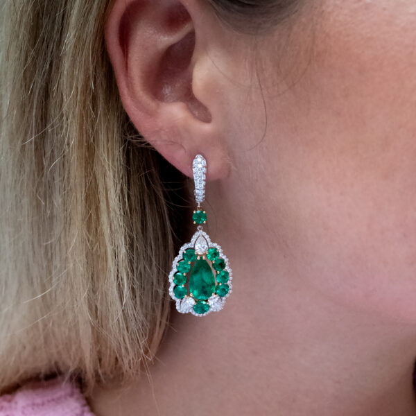 muzo-green-colombian-emerald-diamond-earrings-white-gold.jpg Muzo green Colombian emerald diamond earrings in 18K white gold with pear-shaped emeralds framed by emeralds and diamonds