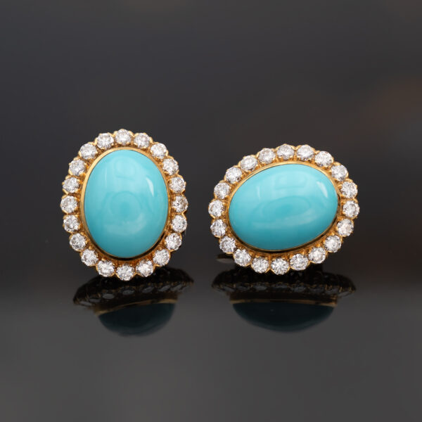 Yellow gold turquoise earrings with oval cabochon stones and diamond halo