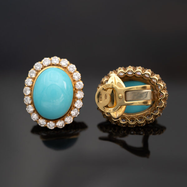 Yellow gold turquoise earrings with oval cabochon stones and diamond halo