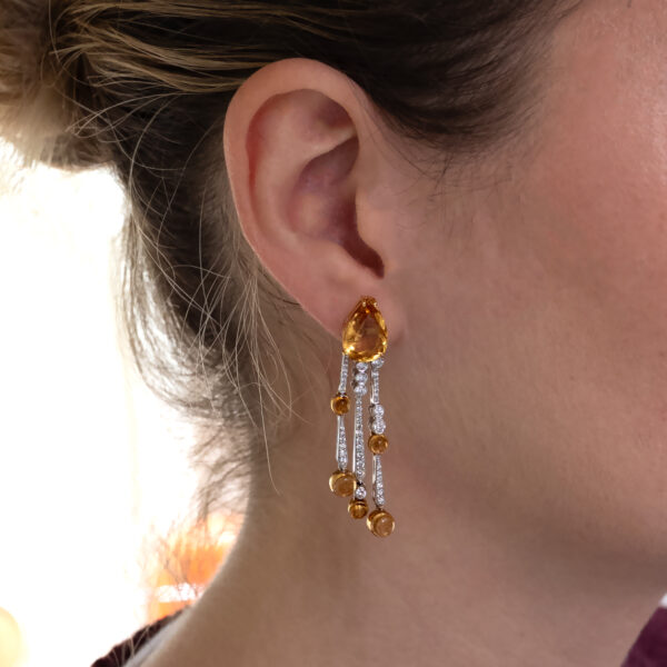 citrine-diamond-dangle-earrings-white-gold-articulated.jpg 18K white gold citrine diamond dangle earrings with articulated three-part drop design