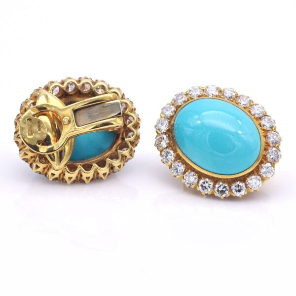 turquoise-diamond-earrings-yellow-gold.jpg Yellow gold turquoise earrings with oval cabochon stones and diamond halo