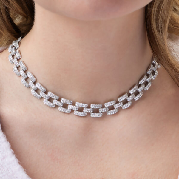 Diamond Link Necklace in 18K White Gold Articulated 18K white gold necklace composed of rectangular diamond-set links with open centres and a structured, graphic design.