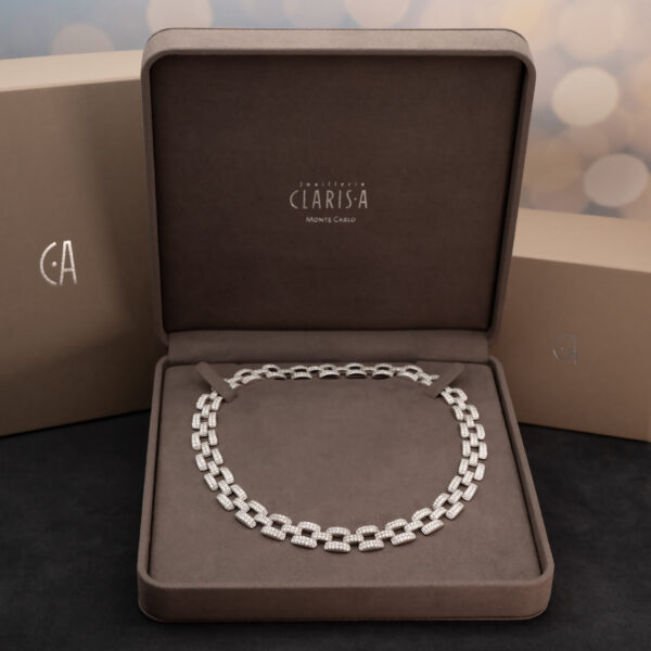 Diamond Link Necklace in 18K White Gold Articulated 18K white gold necklace composed of rectangular diamond-set links with open centres and a structured, graphic design.