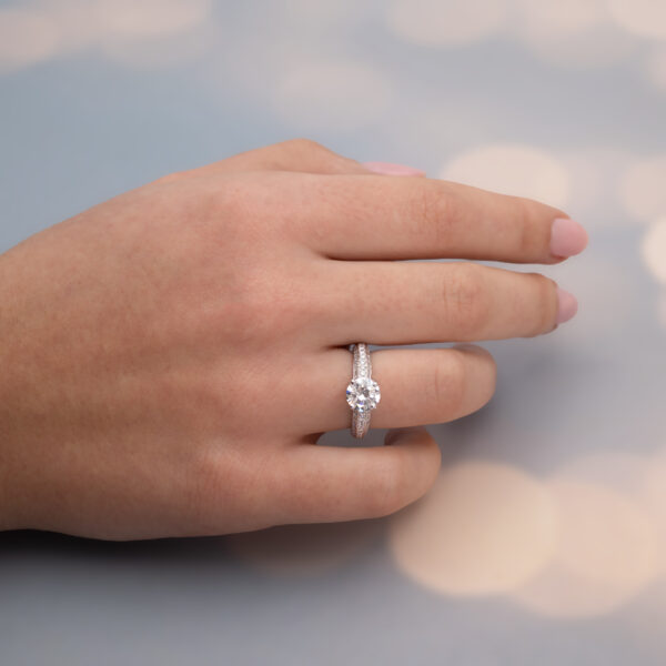 5920 18K white gold diamond engagement ring with 1.50ct round brilliant centre stone worn on hand