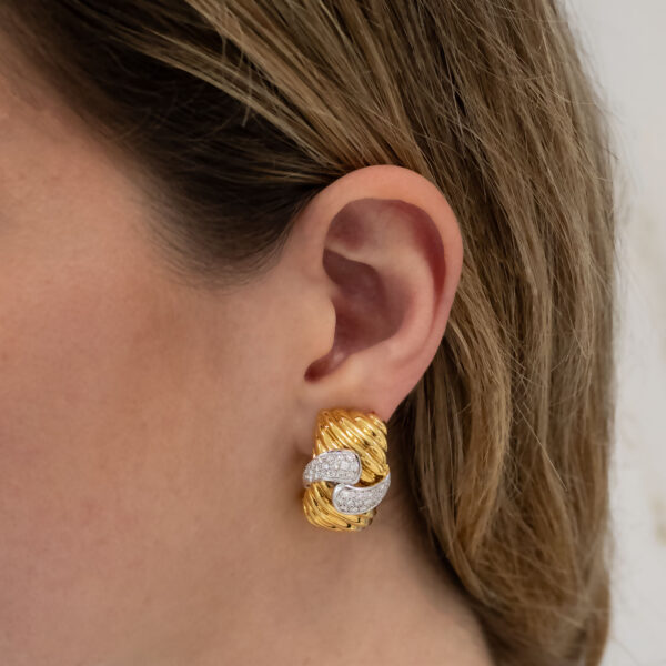 Ribbed Barrel Earrings – Diamond & Yellow Gold Gold Wide ribbed yellow and white gold earrings with diamond-set teardrop motifs