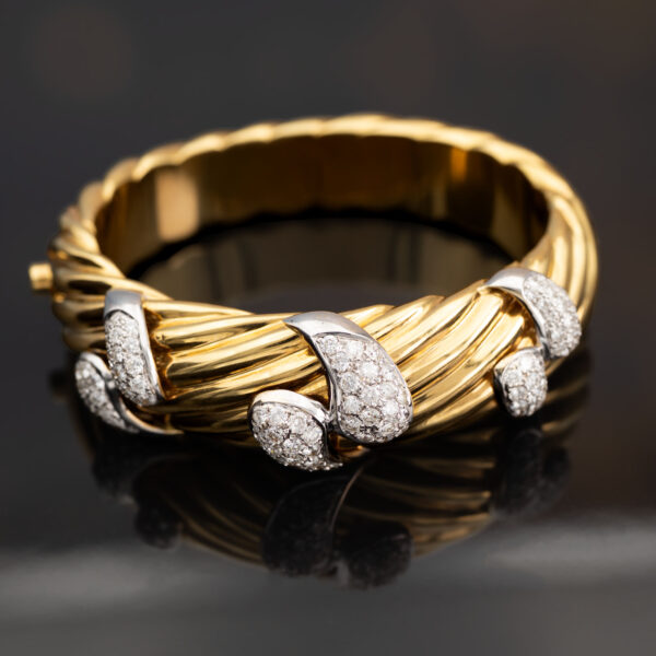 6666 Wide ribbed yellow and white gold bracelet with diamond-set teardrop motifs