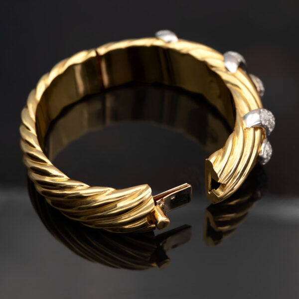 Wide ribbed yellow and white gold bracelet with diamond-set teardrop motifs