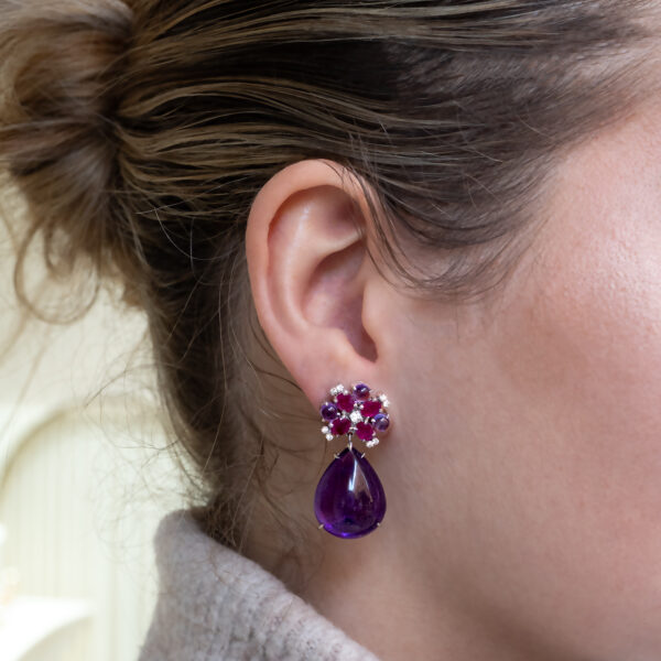 Amethyst Ruby Diamond Drop Earrings White Gold White gold floral earrings with rubies, amethysts and pear-shaped amethyst drops