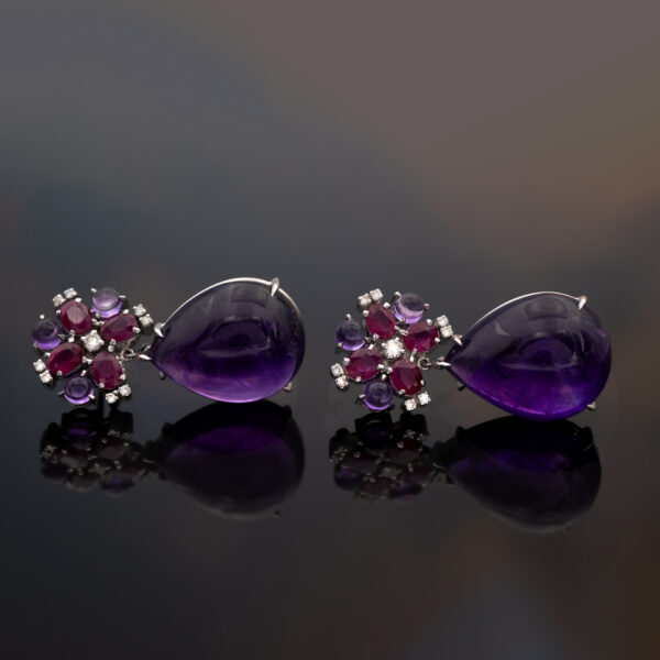 Amethyst Ruby Diamond Drop Earrings White Gold White gold floral earrings with rubies, amethysts and pear-shaped amethyst drops