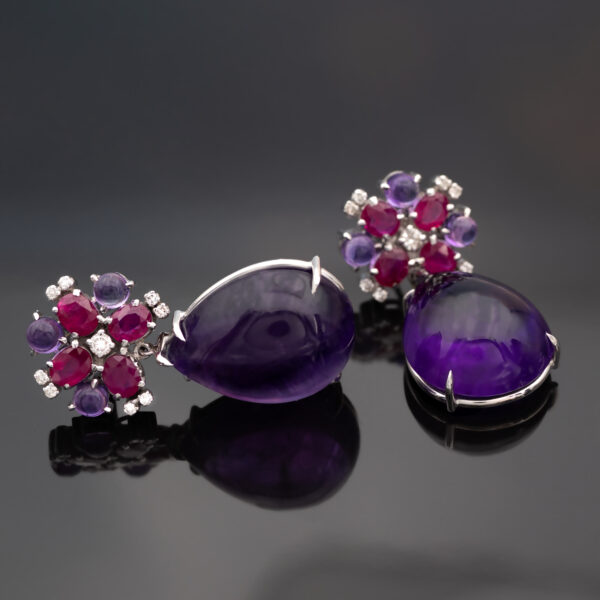 Amethyst Ruby Diamond Drop Earrings White Gold White gold floral earrings with rubies, amethysts and pear-shaped amethyst drops