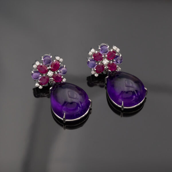 Amethyst Ruby Diamond Drop Earrings White Gold Violet Bloom Earrings