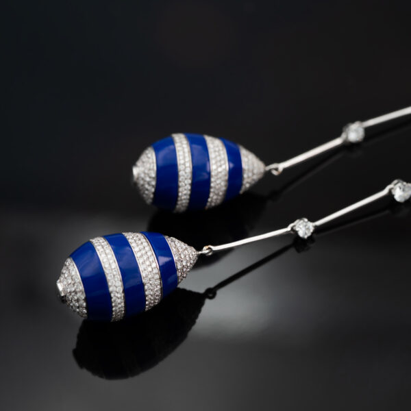 Lapis Lazuli Diamond Drop Earrings White gold drop earrings with lapis lazuli egg-shaped drops and pavé-set diamond accents