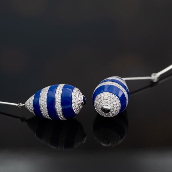 Lapis Lazuli Diamond Drop Earrings White gold drop earrings with lapis lazuli egg-shaped drops and pavé-set diamond accents