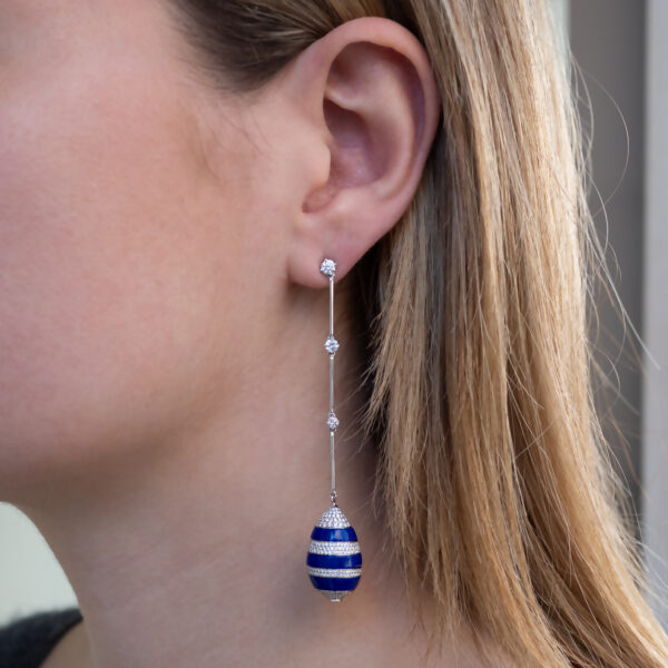 Lapis Lazuli Diamond Drop Earrings White gold drop earrings with lapis lazuli egg-shaped drops and pavé-set diamond accents