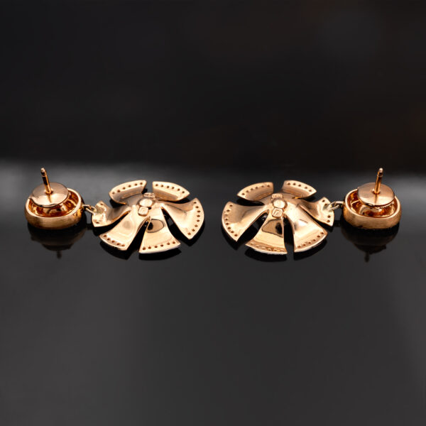 Rose Gold Diamond Petal Burst Earrings 18K rose gold dangle earrings with oval diamonds and pavé-set petal-shaped drop design