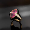 Onyx Tourmaline Duo Ring – Sculptural Pink Tourmaline Design 18K yellow gold ring with carved black onyx, two pear-shaped pink tourmalines and diamond-set shank