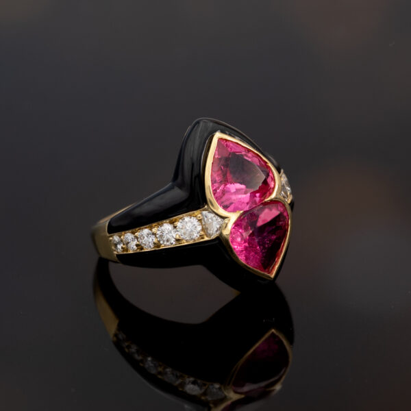 Onyx Tourmaline Duo Ring – Sculptural Pink Tourmaline Design 18K yellow gold ring with carved black onyx, two pear-shaped pink tourmalines and diamond-set shank