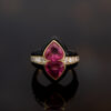 Onyx Tourmaline Duo Ring – Sculptural Pink Tourmaline Design 18K yellow gold ring with carved black onyx, two pear-shaped pink tourmalines and diamond-set shank