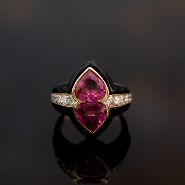 Onyx Tourmaline Duo Ring – Sculptural Pink Tourmaline Design 18K yellow gold ring with carved black onyx, two pear-shaped pink tourmalines and diamond-set shank