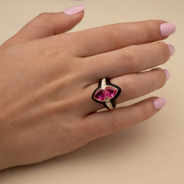 Onyx Tourmaline Duo Ring – Sculptural Pink Tourmaline Design 18K yellow gold ring with carved black onyx, two pear-shaped pink tourmalines and diamond-set shank