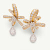 Claris-A_Cover 8K yellow gold ribbon bow earrings set with baguette and brilliant-cut diamonds, featuring pear-shaped diamond drops