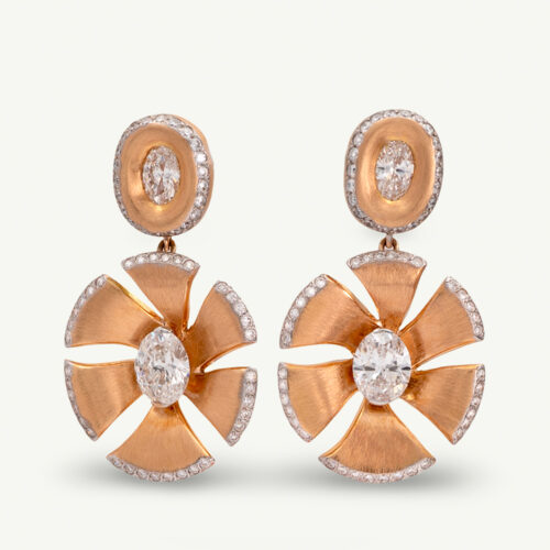 ClarisA_Cover_RoseGold 18K rose gold dangle earrings with oval diamonds and pavé-set petal-shaped drop design