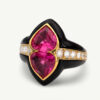 ClarisA_Cover_Tourmaline 18K yellow gold ring with carved black onyx, two pear-shaped pink tourmalines and diamond-set shank