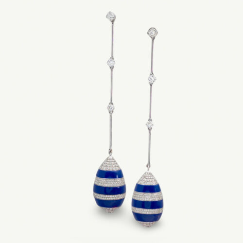 Cover_Egg_Earrings_ClarisA White gold drop earrings with lapis lazuli egg-shaped drops and pavé-set diamond accents