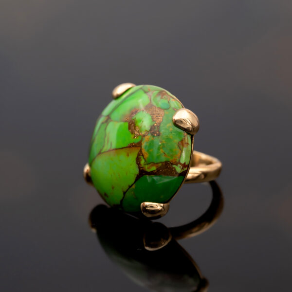 Apple Green Turquoise Dome Ring in Yellow Gol Domed apple green turquoise cabochon ring set in yellow gold with sculptural prongs and organic veining