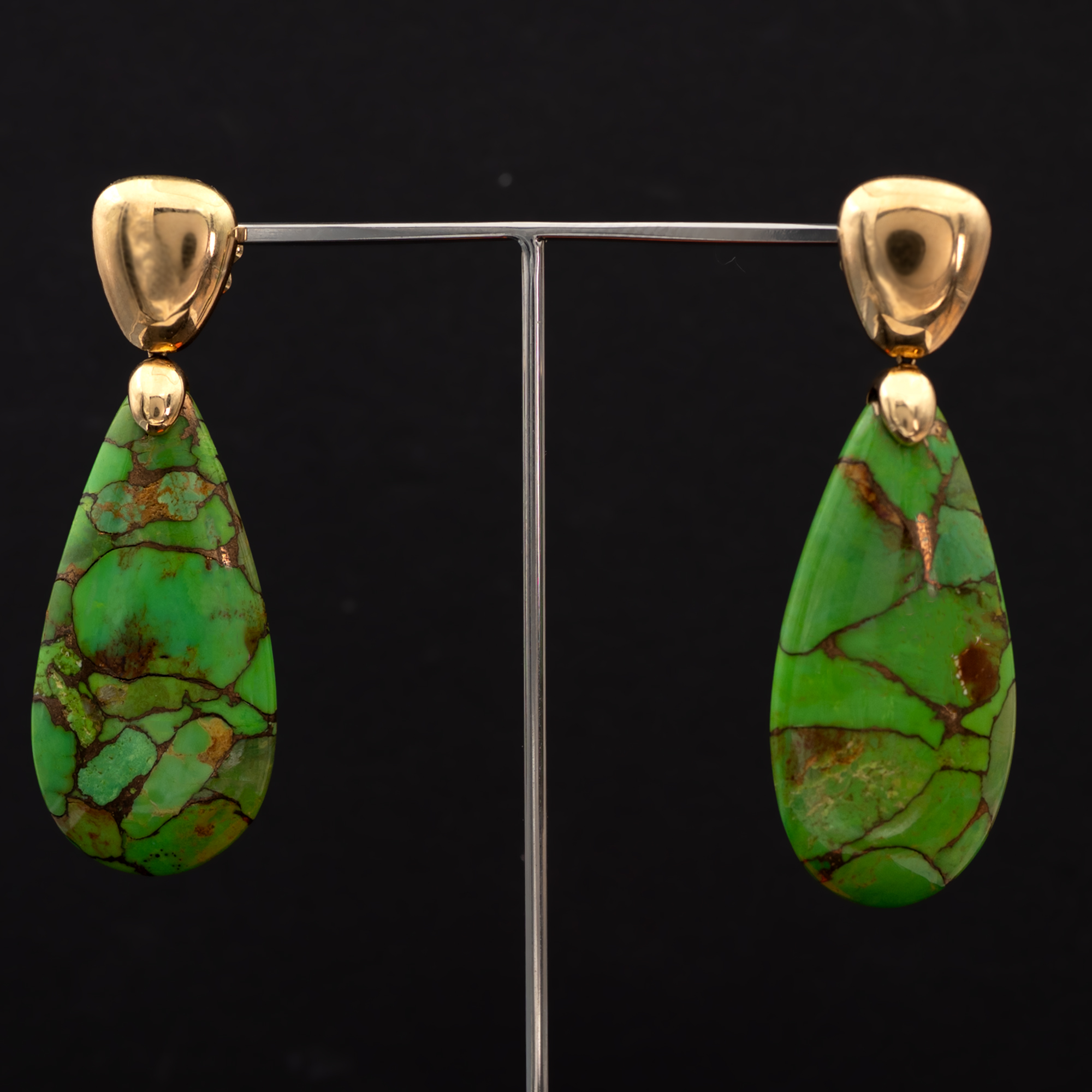 Apple green turquoise drop earrings in yellow gold with sculptural fittings and natural veining