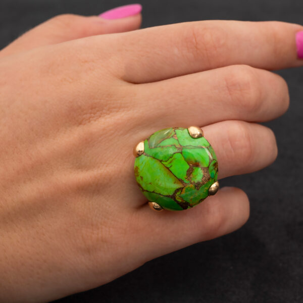 Apple Green Turquoise Dome Ring in Yellow Gol Domed apple green turquoise cabochon ring set in yellow gold with sculptural prongs and organic veining