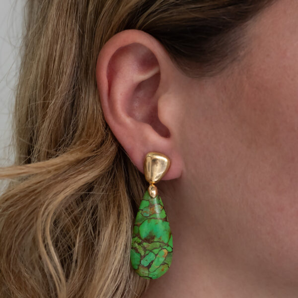 Turquoise Drop Earrings Yellow Gold Apple green turquoise drop earrings in yellow gold with sculptural fittings and natural veining