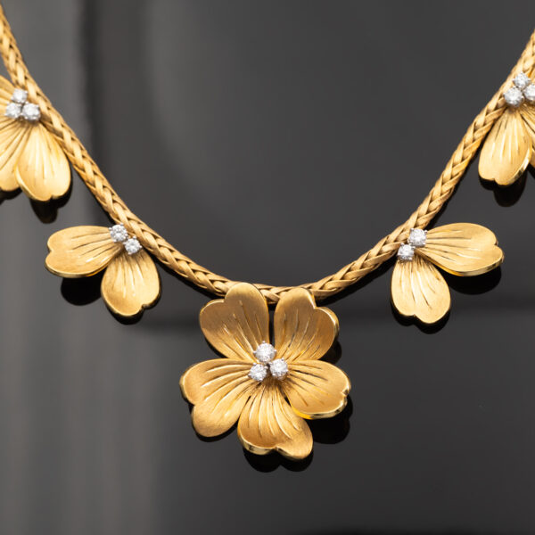 Italian Diamond Floral Collar Necklace in Yellow Gold Italian 18K yellow gold floral collar necklace with woven structure and diamond-set sculpted flower motifs