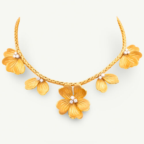 Italian Diamond Floral Collar Necklace in Yellow Gold Italian 18K yellow gold floral collar necklace with woven structure and diamond-set sculpted flower motifs