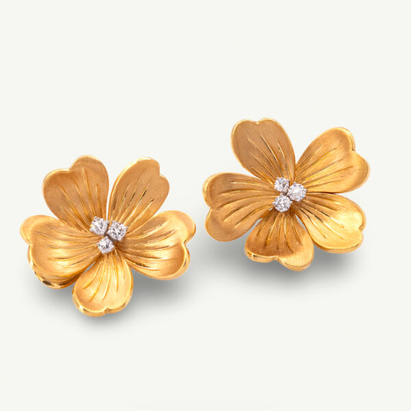 Italian Diamond Flower Earrings in 18K Yellow Gold Italian five-petal diamond flower earrings in textured 18K yellow gold with round brilliant-cut diamond centers by Claris-A.