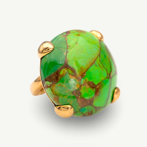 Apple Green Turquoise Dome Ring in Yellow Gol Domed apple green turquoise cabochon ring set in yellow gold with sculptural prongs and organic veining
