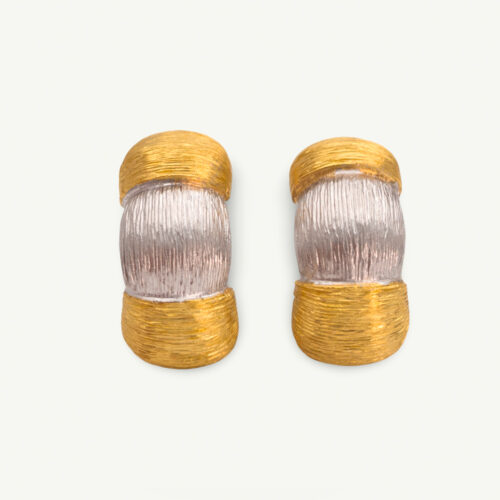 Italian Dual-Tone Gold Sculptural Earrings Italian 18K white and yellow gold sculptural earrings with handmade engraved textured links and rounded gold details.