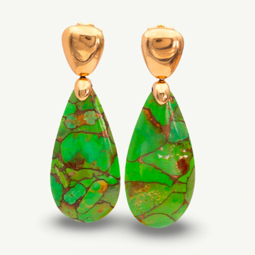 Turquoise Drop Earrings Yellow Gold Apple green turquoise drop earrings in yellow gold with sculptural fittings and natural veining