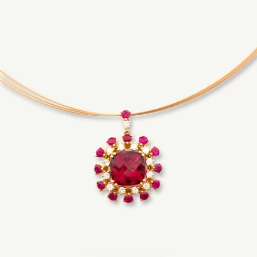Italian Diamond Floral Collar Necklace in Yellow Gold Floral Rubellite Pendant Necklace
