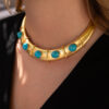 Persian Blue Turquoise Collar Necklace in 18K Yellow Gold Hand-hammered 18K yellow gold collar necklace set with natural Persian-blue turquoise cabochons and concealed closure.
