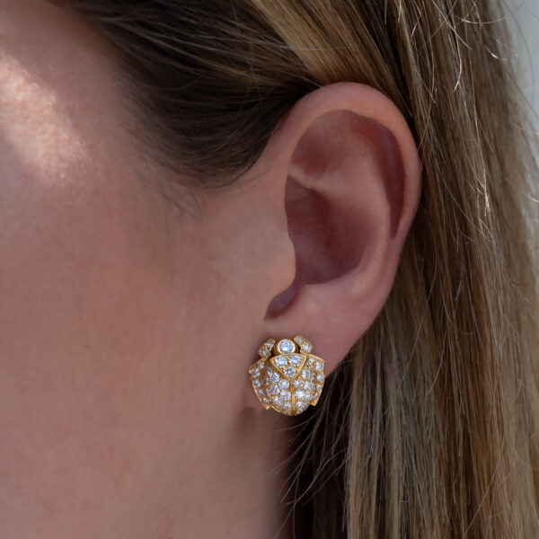 Diamond Scarab Earrings in 18K Yellow Gold Sculptural 18K yellow gold scarab earrings set with diamonds, featuring a domed beetle design with geometric detailing and high-jewelry finish.