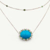 Turquoise Tsavorite Diamond Sunburst Necklace in White Gold White gold pendant necklace with oval turquoise centre surrounded by tsavorites and diamonds in a floral sunburst motif.