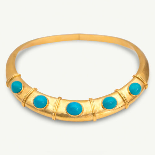 Persian Blue Turquoise Collar Necklace in 18K Yellow Gold Hand-hammered 18K yellow gold collar necklace set with natural Persian-blue turquoise cabochons and concealed closure.