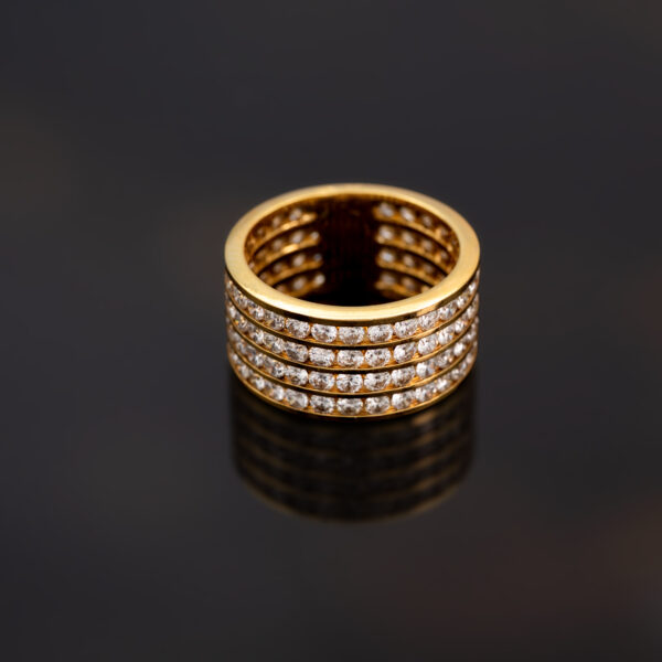Four-Row Diamond Alliance Ring in 18K Yellow Gold 18K yellow gold four-row diamond alliance ring with round diamonds in a wide polished band.